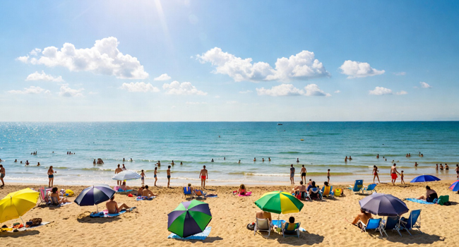 Séjours linguistiques en Angleterre Bournemouth avec LISA! – plage, mer et temps libre détente Plage à Bournemouth Angleterre avec parasols et mer lors d’un séjour linguistique LISA! pour adultes