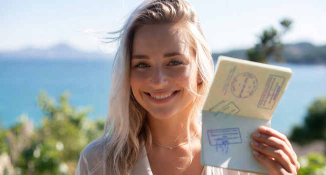 Visa pour un séjour linguistique LISA! – femme tenant un passeport avec tampon de visa Visa pour un séjour linguistique LISA! – femme tenant un passeport avec tampon de visa