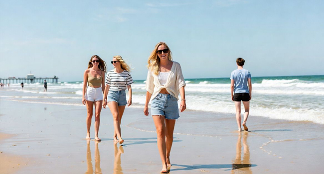 Séjours linguistiques en Angleterre Bournemouth avec LISA! – promenade sur la plage, mer et ambiance détendue Jeunes adultes marchent sur la plage à Bournemouth Angleterre lors d’un séjour linguistique LISA! au bord de la mer