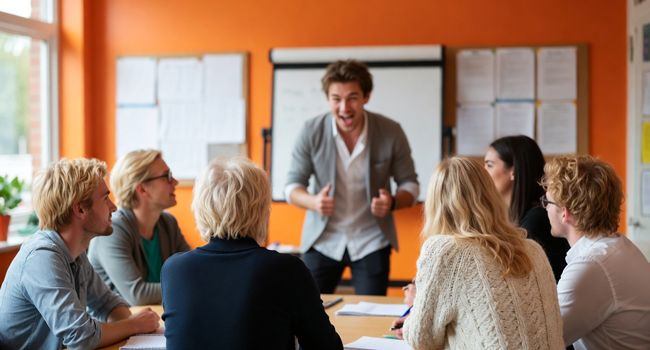Séjours linguistiques pour adultes en Angleterre Brighton avec LISA! – apprendre l’anglais en classe Participants adultes en cours d’anglais lors d’un séjour linguistique LISA! en Angleterre Brighton en classe