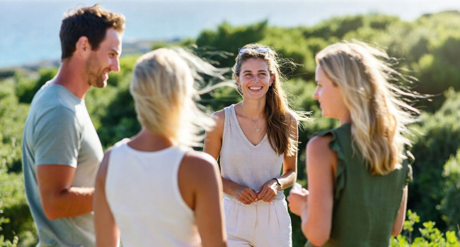 Participants adultes en conversation en plein air lors d’un séjour linguistique LISA! à Malte