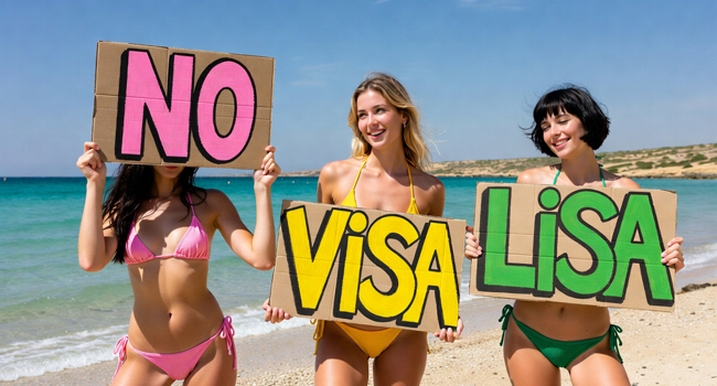  Trois étudiantes sur la plage tiennent un panneau « No Visa » lors d’un séjour linguistique LISA! à Malte