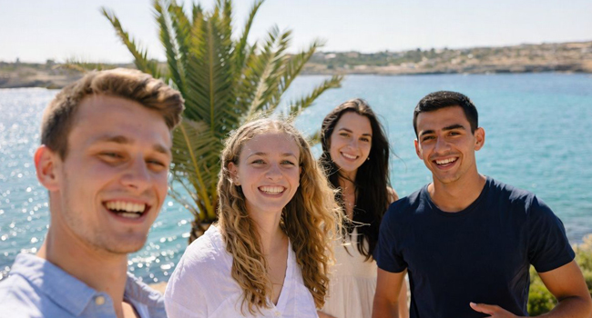  Participants adultes au bord de la mer à Malte lors d’un séjour linguistique LISA! en groupe international