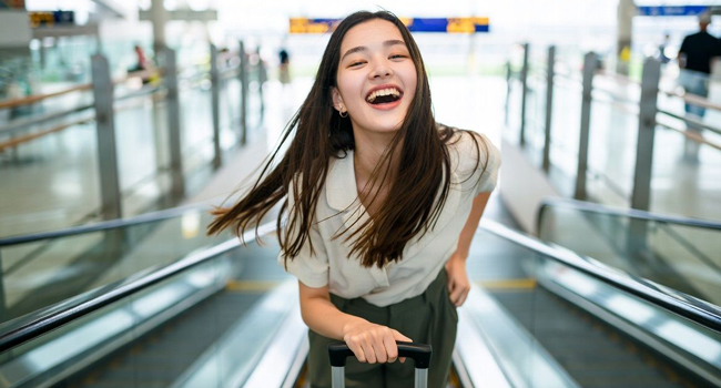 Congé de formation Osaka Japon avec LISA! – apprendre le japonais et voyager sereinement Jeune adulte avec valise à l’aéroport lors d’un congé de formation LISA! enthousiaste à l’idée de partir à Osaka pour apprendre le japonais