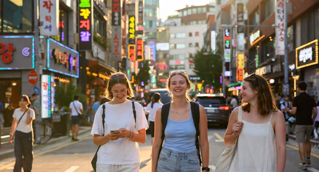 Séjours linguistiques Séoul Hongdae avec LISA! – ville, loisirs et expériences inoubliables Jeunes adultes explorent Séoul en soirée lors d’un séjour linguistique LISA! profitent de la vie urbaine et du temps libre