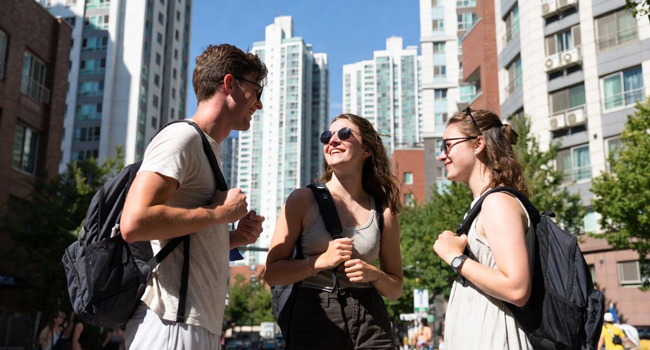 Séjours linguistiques Séoul Hongdae avec LISA! – vie urbaine, promenades et expériences inoubliables Participants adultes se promènent à Séoul lors d’un séjour linguistique LISA! explorent la ville ensemble