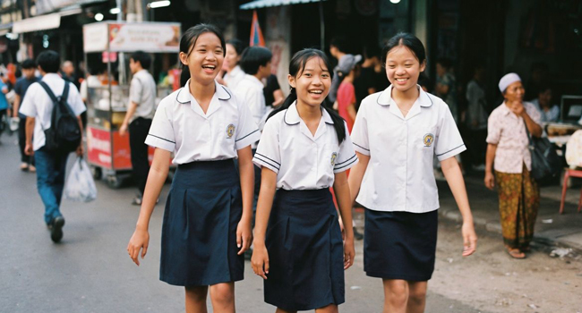LISA! séjours linguistiques scène de rue Bangkok écolières sur le chemin du retour LISA! séjours linguistiques scène de rue Bangkok trois écolières thaïlandaises sur le chemin du retour