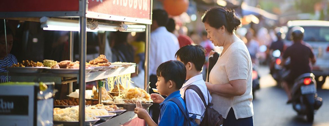 Séjours linguistiques en Thaïlande Bangkok avec LISA! – street food, culture et vie quotidienne Famille avec enfants à un stand de street food à Bangkok Thaïlande lors d’un séjour linguistique LISA! découvrant la cuisine locale