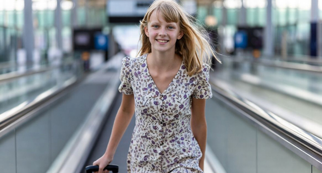  Étudiante avec valise à l’aéroport lors d’un séjour linguistique LISA! en voyage vers l’Angleterre