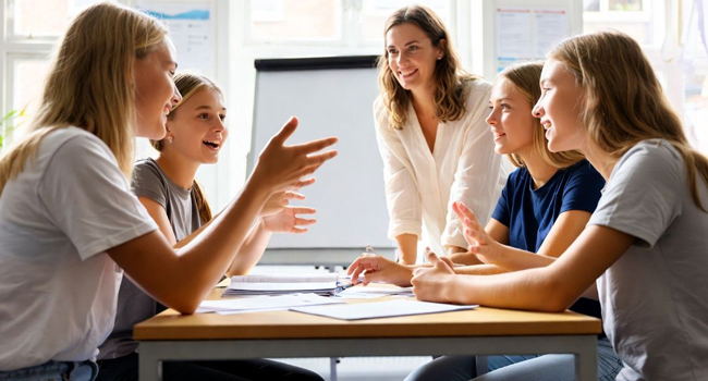  Cours d’anglais pour étudiantes à Bournemouth Park Angleterre avec enseignante en classe lors d’un séjour linguistique LISA!