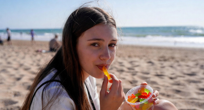 Séjours linguistiques en Angleterre Bournemouth avec LISA! – plage, loisirs et petits plaisirs Étudiante sur la plage à Bournemouth Angleterre lors d’un séjour linguistique LISA! dégustant des bonbons au bord de la mer