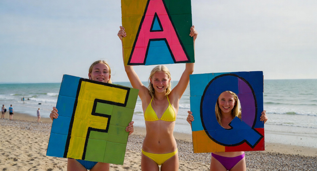 FAQ sur les séjours linguistiques pour étudiants en Angleterre Brighton avec LISA! – étudiantes avec lettres au bord de la mer Trois étudiantes sur la plage de Brighton tiennent de grandes lettres FAQ lors d’un séjour linguistique LISA! pour étudiants en Angleterre