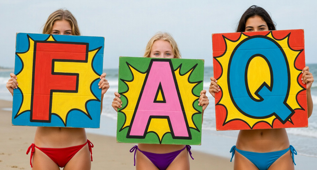 Trois étudiantes sur la plage à Eastbourne tiennent des panneaux FAQ lors d’un séjour linguistique LISA!