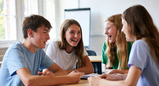 Étudiants en cours d’anglais à Portsmouth lors d’un séjour linguistique LISA! apprennent ensemble dans une école de langue