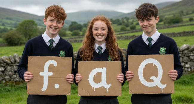 Questions fréquentes sur un séjour linguistique LISA! d’anglais à Ennis Élèves tenant des panneaux FAQ pendant un séjour linguistique LISA! d’anglais à Ennis, en Irlande