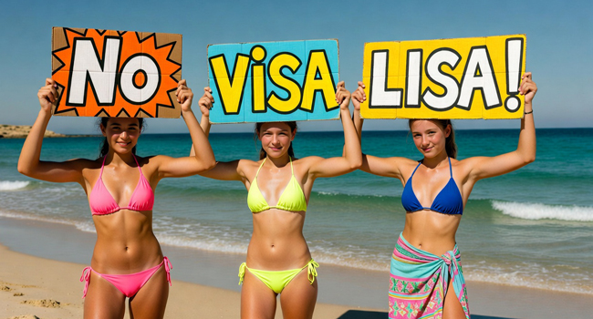 Trois étudiantes sur la plage à Malte tiennent des panneaux « No Visa LISA! » lors d’un séjour linguistique LISA! pour étudiants