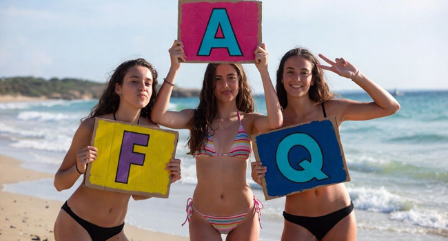 Trois étudiantes sur la plage à Malte tiennent des lettres FAQ lors d’un séjour linguistique LISA! pour étudiants