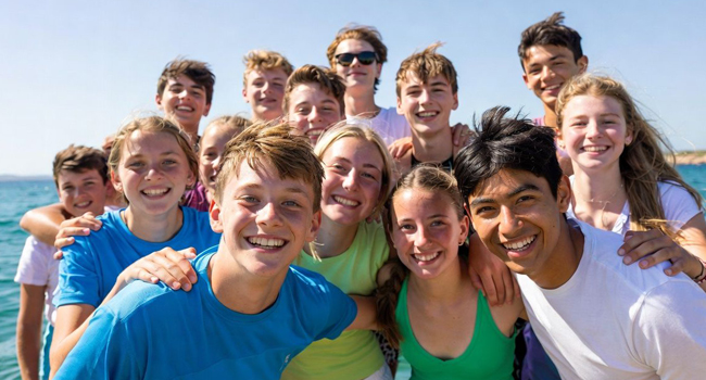 Grand groupe d’étudiants au bord de la mer à Malte lors d’un séjour linguistique LISA! pour étudiants
