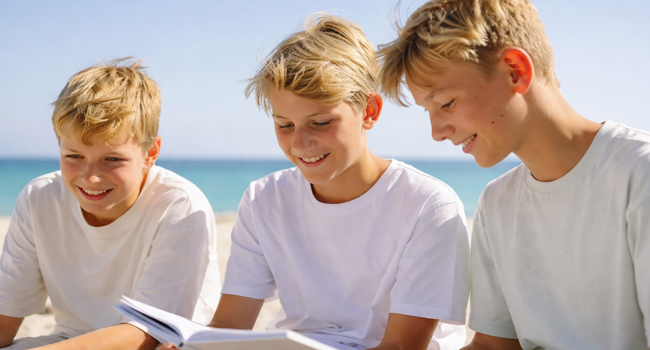 Trois étudiants étudiant ensemble au bord de la mer lors d’un séjour linguistique LISA! pour étudiants à Malte