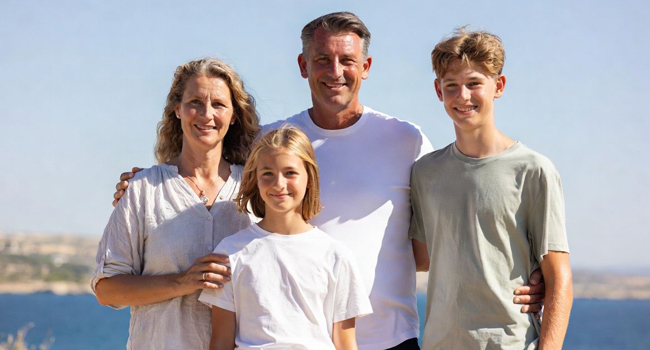 Famille lors d’un séjour linguistique à Malte à Salina Beach devant la mer