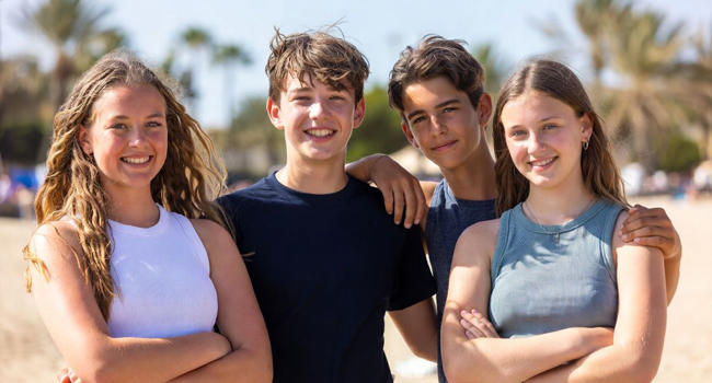 Quatre adolescents en amitié sur la plage lors d’un séjour linguistique à Malte San Gwann