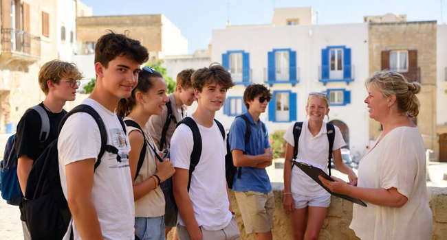  Groupe d’étudiants avec encadrante lors d’un séjour linguistique LISA! pour étudiants à Malte lors d’une visite de la ville