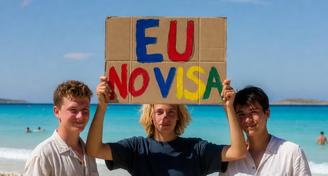 Trois étudiants d’un séjour linguistique d’anglais à Malte tiennent un panneau sur la plage de Sliema concernant l’entrée sans visa pour les citoyens de l’UE