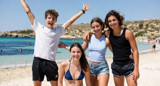 Quatre adolescents en séjour linguistique sur la plage de la baie de St. Julian’s garçon lève les bras