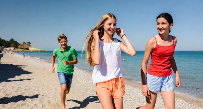 Promenade sur la plage lors d’un séjour linguistique LISA! d’italien à Trieste Élèves se promenant sur la plage pendant un séjour linguistique LISA! d’italien à Trieste, en Italie