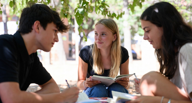 Cours d’espagnol à Málaga avec LISA! – trois étudiants apprenant l’espagnol dans un jardin. Trois étudiants dans un jardin à Málaga apprenant l’espagnol symbolisent les cours d’espagnol à Málaga avec LISA!.