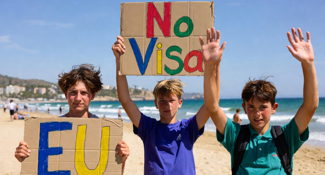 Aucun visa pour les étudiants de l’UE lors d’un séjour linguistique LISA! à Málaga – trois étudiants avec un panneau sur la plage. Trois étudiants sur la plage de Málaga tiennent un panneau en carton « UE – sans visa » et symbolisent qu’aucun visa n’est nécessaire pour les étudiants de l’UE lors d’un séjour linguistique LISA! à Málaga.