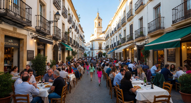Vues de la ville de Málaga avec des restaurants dans la vieille ville et des rues animées – séjours linguistiques LISA!. Une vue de la ville de Málaga avec des restaurants dans la vieille ville et de nombreuses personnes symbolise Málaga comme destination pour un séjour linguistique LISA!.