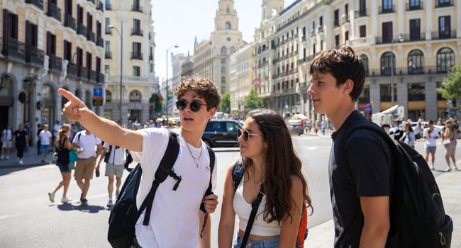 Participants découvrant les sites touristiques de Madrid pendant un cours d’espagnol pour jeunes adultes