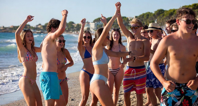  Jeunes adultes sur la plage à Majorque lors d’un séjour linguistique LISA! célèbrent ensemble et profitent du soleil et de la mer