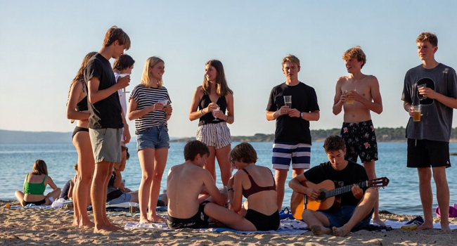 Jeunes adultes sur la plage à Majorque lors d’un séjour linguistique LISA! profitent du temps libre, de la musique et des soirées conviviales