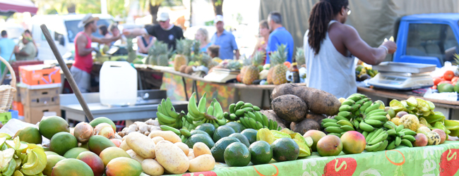 Markt in Sainte Anne auf Guadeloupe während einer LISA! Sprachreise Frisches tropisches Obst und Gemüse auf einem Markt in Sainte Anne auf Guadeloupe während einer Sprachreise