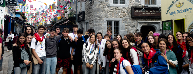 Eine Gruppe von Kindern steht in einer Strasse in Dublin mit geschmueckten Fahnen