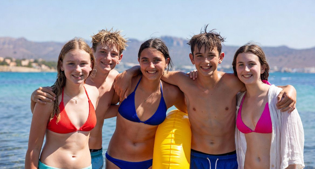 5 Teenager am Meer mit gelbem Schwimmring und blau-roten-rosa Badesachen
