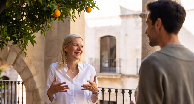 1 Woche Intensivkurs Spanisch Bildungsurlaub Valencia Spanien mit LISA! Sprachreisen Frau und Lehrer beim Intensivkurs Spanisch Bildungsurlaub Valencia Spanien mit Orangenbaum